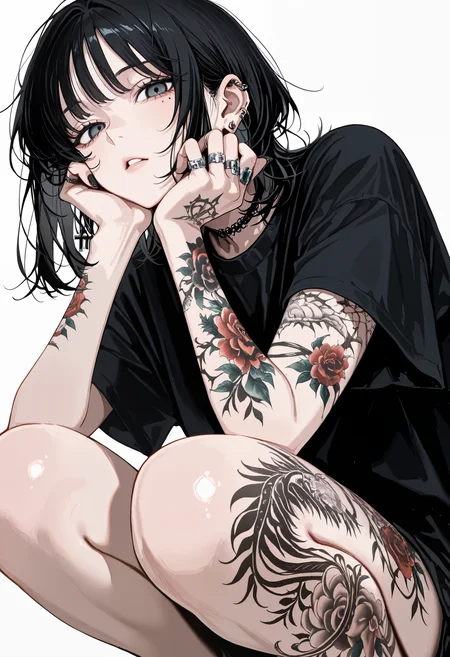 high_detail, 1girl, solo, tattoo, jewelry, squatting, black hair, leg tattoo, ring, simple background, earrings, white background, shirt, black shirt, medium hair, arm tattoo, looking at viewer, parted lips, cross, mole under eye, multiple rings, mole, bangs