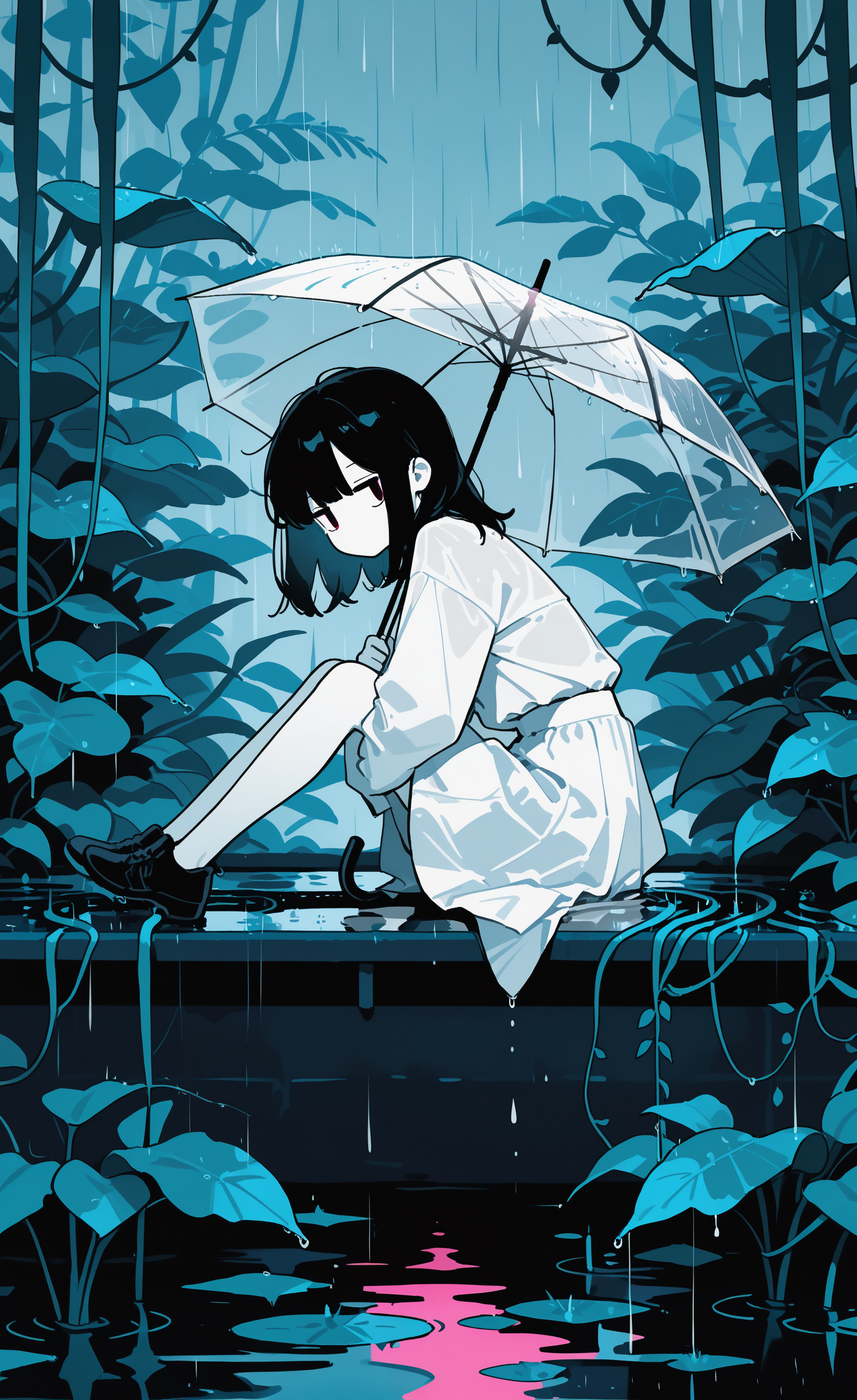 masterpiece, best quality, good quality, very awa, very aesthetic, absurdres, newest, 1other, afloat, androgynous, black hair, colored skin, from side, in umbrella, jitome, knees up, limited palette, looking at viewer, looking to the side, medium hair, no mouth, other focus, outdoors, plant, rain, sitting, sketch, skirt, solo, transparent, transparent umbrella, umbrella, umbrella riding, vines, water, white skin, white skirt, | |, <lora:ponyv6Noobe112Adamw.9Eti:0.8> <lora:MeMaXL4:0.3> <lora:Lofi_style:0.7>