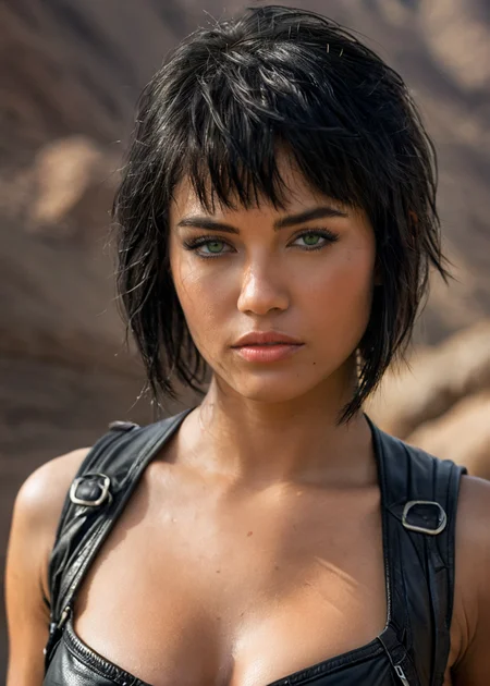 Photo, masterpiece, best quality, dramatic angle, Photo, masterpiece, best quality, dramatic angle, art by luis royo:1.5, cyberpunk fantasy, masterpiece, closeup portrait, daylight, 1girl, (side-view), sexy voluptuous girl, short hair, black hair, leather jacket with tank top, baddass face, leather pants, Green eyes, seductive, posing, black leather belt, mountain background, sweaty, arm tattoos, looking at viewer, sit on a motorbike trail, side portrait (breasts), direct gaze, grey mountain, <lora:mjv6:0.6> <lora:MS_KMXD_SDXL_V1:1> , intricate details, cinematic, good lighting, vibrant colors, (high quality texture), (sharp), (artistic image), 8K, detailed, dynamic, depth of field, intricate, <lora:add-detail-xl:0.8>, intricate details, cinematic, good lighting, vibrant colors, (high quality texture), (sharp), (artistic image), 8K, detailed, dynamic, depth of field, intricate, <lora:add-detail-xl:0.8>