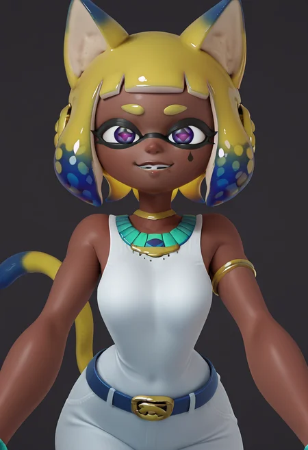 masterpiece, best quality, solo, curvy, beautiful eyes, narrow waist, wide hips, 1girl, solo, smile, looking at viewer, foreshortening, close up, leaning forward, portrait, eye focus, (v),      3d, 1girl, solo, (inkling, tentacle hair), shiny hair,<lora:SquidTalkStyle_IXL:1.0>, BREAK,  zzAnkha, animal crossing, animal ears, armlet, bare shoulders, belt, blonde hair, blue hair, blunt bangs, blunt ends, bob cut, cat ears, cat girl, cat tail, cropped, daniel deng, dark skin, dress, eye of horus, eyelashes, eyes visible through hair, facial tattoo, humanization, purple eyes, shiny skin, short hair, slit pupils, tattoo, usekh collar, white dress, <lora:AnkhaIXL:1.0>,
