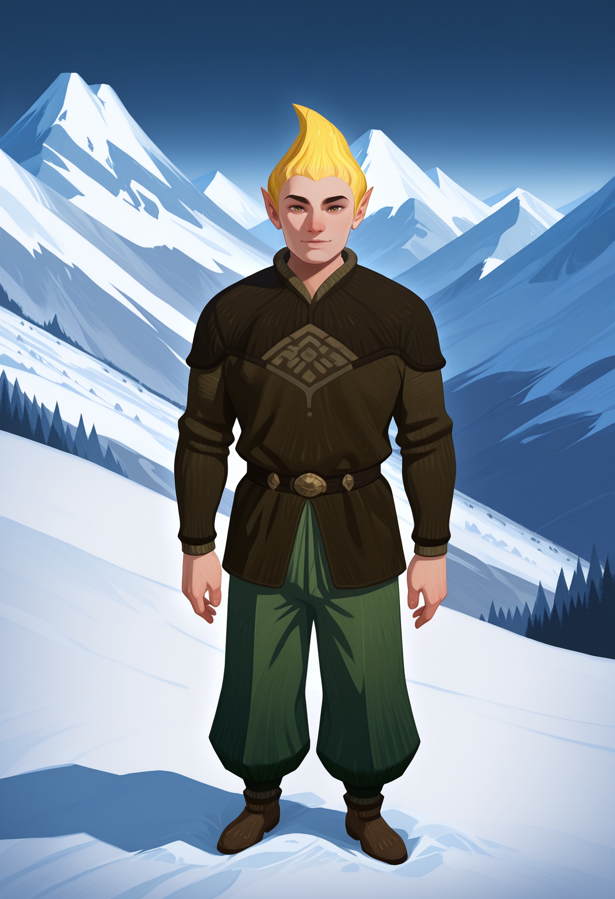 masterpiece, best quality, amazing quality, <lora:adoringFan_illustrious_byJaneB:1>, byazura,1boy, 
, brown shirt, brown shoes, green pants, , , mountain, mountain peak, snowy mountain  <lora:afkJourneyIllustrious2:1.2> afkJourneyStyle