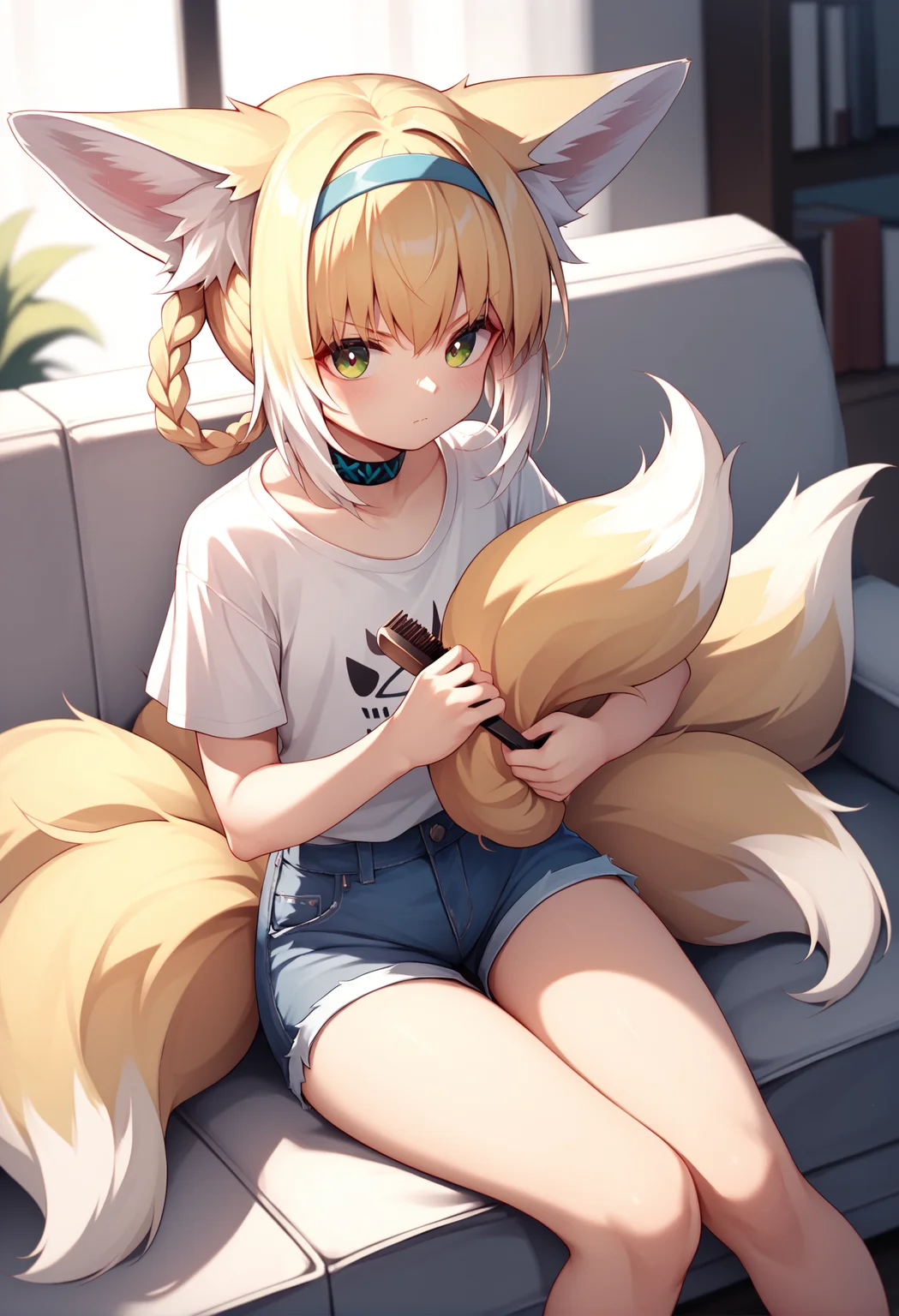 by ryosios , masterpiece, best quality, score_9, score_8_up, score_7_up,
1girl, suzuran \(arknights\), fox girl, animal ear fluff, multiple fox tails, oripathy lesion \(arknights\), flat chest, blonde hair, hairband, kitsune, denim shorts, t-shirt, holding own tail, holding hairbrush, angry,
indoors, living room, sitting on couch
<lora:4th_tail_v0.4.0_lyco_extract_l:1>