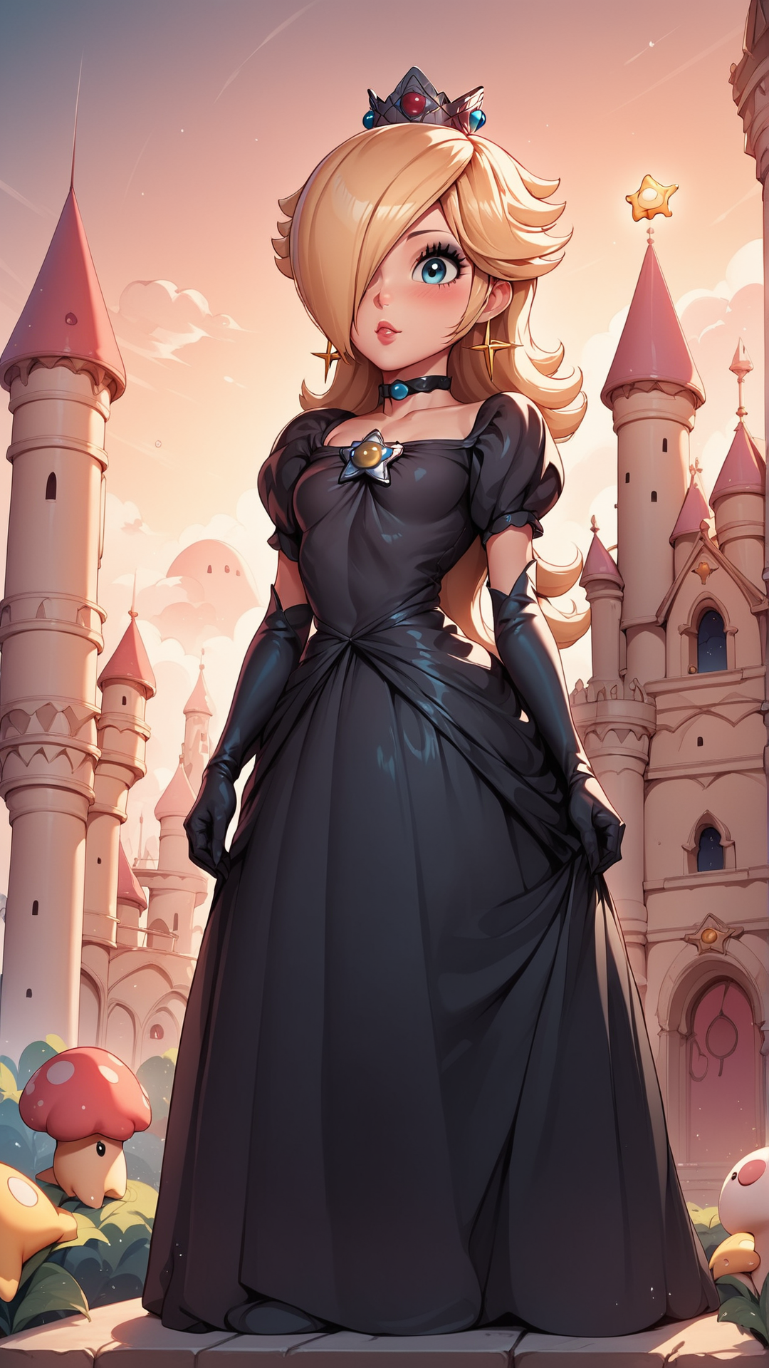 score_9,score_8_up,score_7_up,score_6_up,score_5_up,score_4_up BREAK source_anime,<lora:Princess_Peach_Shiny_Style-000009:1>,1girl,blush,shiny skin,skinny,crown,gloves,choker,outdoors,bloom,dress,pose,castle,sunset,princess rosalina,black hair,black liptick,black eyeliner,black dress,goth,