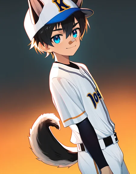 masterpiece, best quality, good quality, koemixpi-style, luye-style, orange gradient background, dutch angle, backlighting, film grain, chromatic aberration, 1boy, solo, black hair, blue eyes, baseball uniform, baseball cap, dog ears, dog tail, dog boy, looking viewer, smile, bandaid on nose <lora:luye-yuan_naXL_v3c-ShoAI:0.6> <lora:koe-mixpi_naiXL_v3b_ShoAI:0.65>