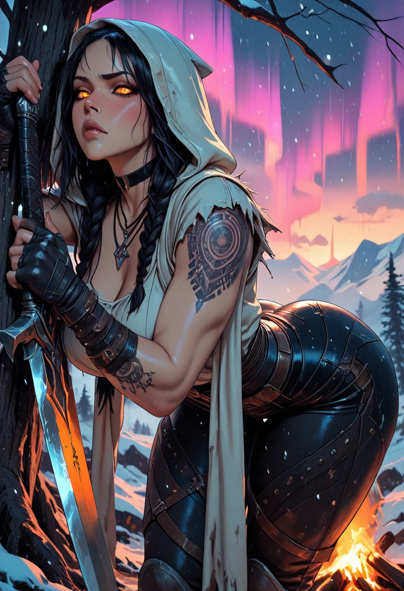 highres, very detailed, amazing quality, masterpiece,
very aesthetic,
particle effect,
1girl, beautiful eyes, looking at viewer, tough girl, slight muscle tone, tan skin, strong face, solo, toned arms, Covered in Tattoos, tattoo, neck tattoos, orange eyes, glowing eyes, necklace, assassins robes, tight pants, ripped pants, holes ripped in pants, hooded, dark braided viking hair, large breasts, thick ass, large ass, choker, fingerless gloves, blade, sword, bent over, bending over, small camp, campfire, 
Viking theme, Nordic theme, assassins creed theme, 
Leaning against tree, holding out a sword towards viewer, foreshortening, pointing her sword at the viewer,
seducing, seductive, flirty, tender, loving, playful, cocky, annoyed, confused, 
on a mountain, snowing, Cloudy Sky, at night, nighttime, aurora in the sky,