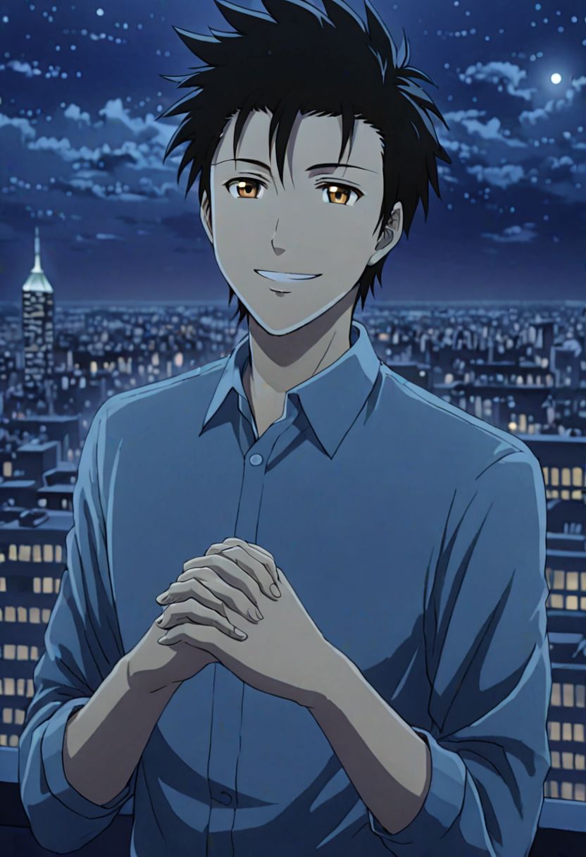 solo, 1boy, detailed_eye_model, easynegative, Soujirou Agata, Brown Eyes, Black Hair, on the roof of a tall building, city view, sparkling, happy, full of enthusiasm, smile, folded hands, gentle breeze, Night