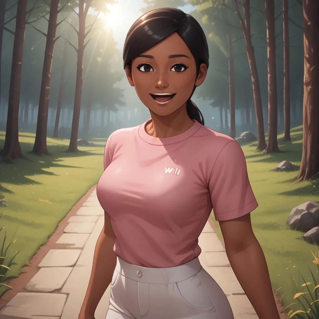 score_9, score_8, BREAK, solo, wii, mii, wii sports, 1girl, female mii, black eyes, black hair, black eyebrows, dark skin, open mouth, pink clothing, white pants, sneakers, nintendo mii, modern_mii, classic_mii, breasts, sakura_(wii_sports), cute, sexy pose, smile, outdoors, sunlight, shadows, evening lighting, natural lighting, forest, trees, grass, orange sky, sunset