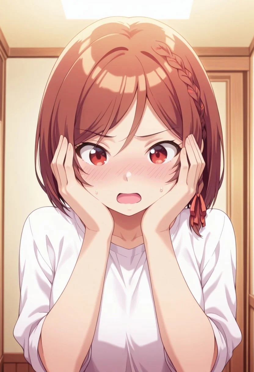 masterpiece,best quality,amazing quality, sakuramori akane, short hair, brown hair, red eyes, 1girl, solo, braid, shirt, open mouth, white shirt, blush, hands on own face, indoors, ribbon, hair ribbon, sweatdrop, red ribbon, side braid