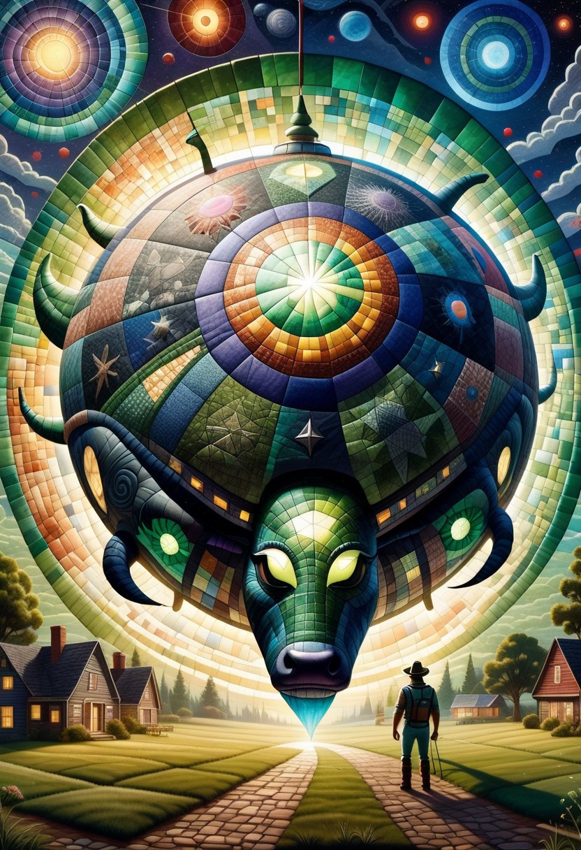 In a patchwork landscape stitched together from quiet fields and starry skies, a surreal scene unfolds. A sleek, metallic flying saucer with glowing green accents hovers above a cow made entirely of shingles, its textured body a mosaic of weathered tiles. Piloting the UFO is a green, big-headed alien, its large, curious eyes peering out from the cockpit with a mix of fascination and wonder. A bright beam of light erupts from the saucer, illuminating the shingles-cow below. As the beam intensifies, the cow begins to disintegrate, its shingle-like body breaking apart into glowing, golden fragments that swirl upward into the spacecraft. The shingles shimmer and glint, creating a mesmerizing trail of light that weaves through the air like threads in a cosmic tapestry. The surrounding field, bathed in an eerie green glow, feels both whimsical and otherworldly, a patchwork of the absurd and the mysterious. The alien’s expression is one of playful intrigue, as if it has stumbled upon the most peculiar, snack-shaped creature in the universe. This scene, a mad-shingles masterpiece with sophisticated ink-splat details, reimagines classic UFO abduction tales with a surreal, patchwork twist.