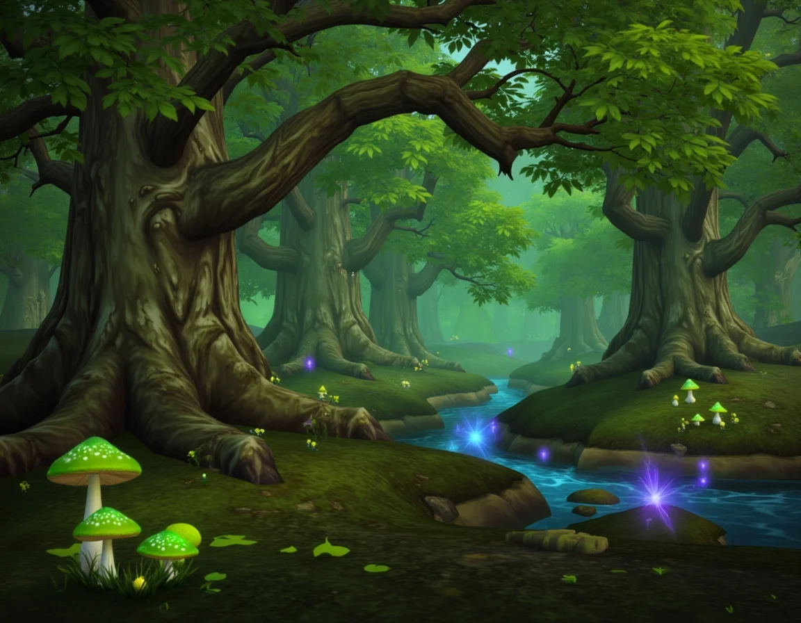 WOW_Character_Style, This image is a digital drawing of a World of Warcraft environment, depicting a vast, enchanted forest. Towering ancient trees with thick, twisted trunks rise high into the sky, their leaves forming a dense, green canopy. The ground is covered in soft moss and scattered with glowing mushrooms and magical flora. A gentle mist weaves through the forest floor, and faint, ethereal lights float between the trees, giving the forest an otherworldly glow. In the distance, a sparkling river winds through the landscape, its waters shimmering with a faint magical glow. The lighting is soft and diffuse, casting a serene, mystical atmosphere. The colors are primarily shades of green, with hints of blue and violet from the magical elements. The overall mood is peaceful and awe-inspiring, with the sense of untamed natural magic at every turn.