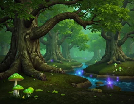 WOW_Character_Style, This image is a digital drawing of a World of Warcraft environment, depicting a vast, enchanted forest. Towering ancient trees with thick, twisted trunks rise high into the sky, their leaves forming a dense, green canopy. The ground is covered in soft moss and scattered with glowing mushrooms and magical flora. A gentle mist weaves through the forest floor, and faint, ethereal lights float between the trees, giving the forest an otherworldly glow. In the distance, a sparkling river winds through the landscape, its waters shimmering with a faint magical glow. The lighting is soft and diffuse, casting a serene, mystical atmosphere. The colors are primarily shades of green, with hints of blue and violet from the magical elements. The overall mood is peaceful and awe-inspiring, with the sense of untamed natural magic at every turn.