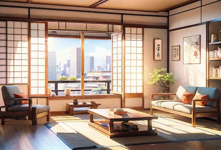 ((front view)), ((Japanese animation style)), modern-style interior, with white walls, (large windows), Nordic-style furniture, a  study, Sofa, coffee table, bookcase, single wall, 
warm light morning sun, (the view of the city)