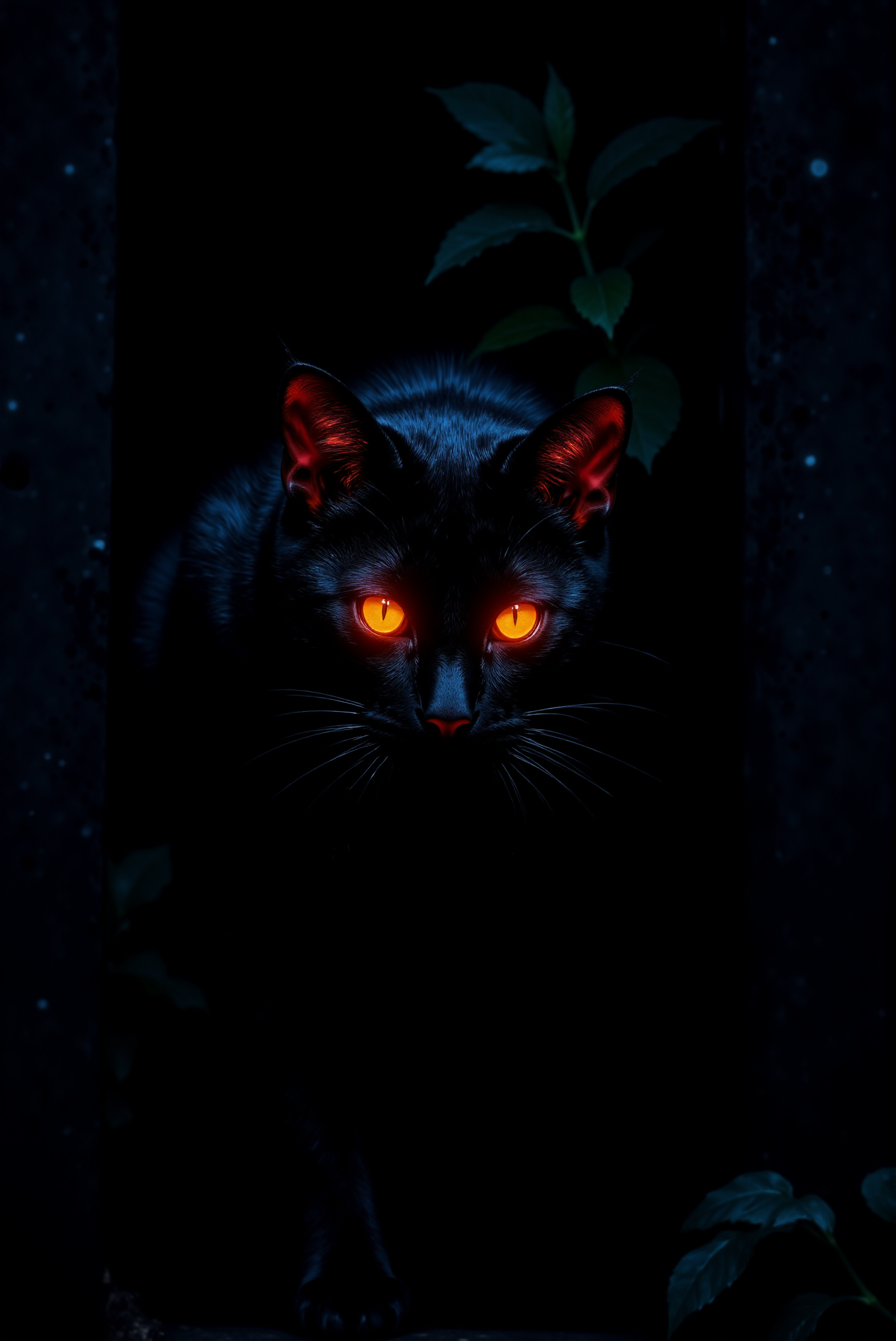 <lora:DGLO_style_v.7:0.75> DGLO style.
A sleek black cat emerges from the shadows, its fur blending seamlessly with the surrounding darkness, except for the fiery glow of its amber eyes. The cat's gaze is sharp and knowing, exuding an air of mystery and intelligence as if it guards ancient secrets. Its pointed ears are illuminated with an intense red glow, as though they capture the essence of a hidden flame. Delicate red highlights trace the whiskers and outline the contours of its sleek face, creating a contrast of warmth and shadow. The atmosphere is charged with magic, as if this feline is a familiar for a powerful sorcerer, silently watching and waiting in the veil of the night.