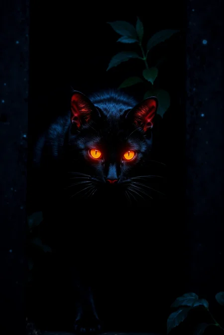 <lora:DGLO_style_v.7:0.75> DGLO style.
A sleek black cat emerges from the shadows, its fur blending seamlessly with the surrounding darkness, except for the fiery glow of its amber eyes. The cat's gaze is sharp and knowing, exuding an air of mystery and intelligence as if it guards ancient secrets. Its pointed ears are illuminated with an intense red glow, as though they capture the essence of a hidden flame. Delicate red highlights trace the whiskers and outline the contours of its sleek face, creating a contrast of warmth and shadow. The atmosphere is charged with magic, as if this feline is a familiar for a powerful sorcerer, silently watching and waiting in the veil of the night.