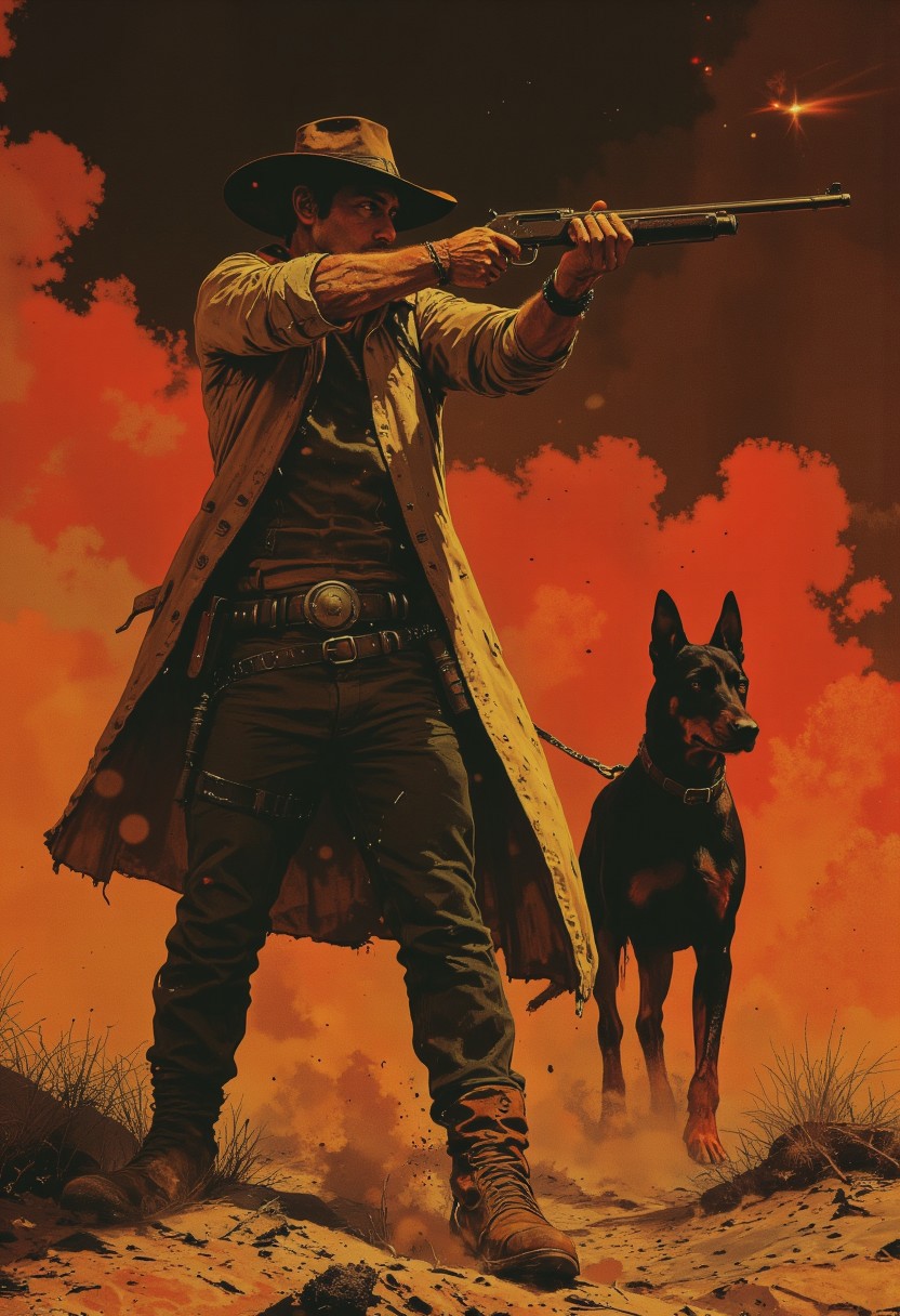 A hyper-realistic digital artwork of a rugged male Texas Ranger aiming a shotgun with precision. He wears a dust-coated beige duster, a dark brown vest over a fitted button-up shirt, and a thick leather belt with ammunition loops securing a holstered revolver. His wide-brimmed ranger hat casts a shadow over his sharp, focused eyes. His muscular frame is grounded by well-worn cowboy boots pressing into the cracked desert earth.  
Beside him, a fierce black and tan Doberman stands alert, ears perked, muscles tense, its sleek coat gleaming under the golden light. A thick leather leash connects it to the ranger’s belt. The shotgun in his grip is a pump-action model, its barrel catching the harsh glow of a crimson-streaked sky. The vast Texas desert stretches behind him in deep amber and burnt orange tones. Wisps of dust swirl around his boots, adding cinematic intensity. The rugged textures of his worn clothing, polished steel, and the Doberman’s taut form create a striking contrast, embodying the lone lawman’s relentless spirit. **Ultra-HD, 8K quality, hyper-detailed, flawless anatomy, professional finish—an intense, action-packed masterpiece.**