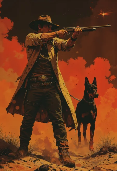 A hyper-realistic digital artwork of a rugged male Texas Ranger aiming a shotgun with precision. He wears a dust-coated beige duster, a dark brown vest over a fitted button-up shirt, and a thick leather belt with ammunition loops securing a holstered revolver. His wide-brimmed ranger hat casts a shadow over his sharp, focused eyes. His muscular frame is grounded by well-worn cowboy boots pressing into the cracked desert earth.
Beside him, a fierce black and tan Doberman stands alert, ears perked, muscles tense, its sleek coat gleaming under the golden light. A thick leather leash connects it to the ranger’s belt. The shotgun in his grip is a pump-action model, its barrel catching the harsh glow of a crimson-streaked sky. The vast Texas desert stretches behind him in deep amber and burnt orange tones. Wisps of dust swirl around his boots, adding cinematic intensity. The rugged textures of his worn clothing, polished steel, and the Doberman’s taut form create a striking contrast, embodying the lone lawman’s relentless spirit. **Ultra-HD, 8K quality, hyper-detailed, flawless anatomy, professional finish—an intense, action-packed masterpiece.**