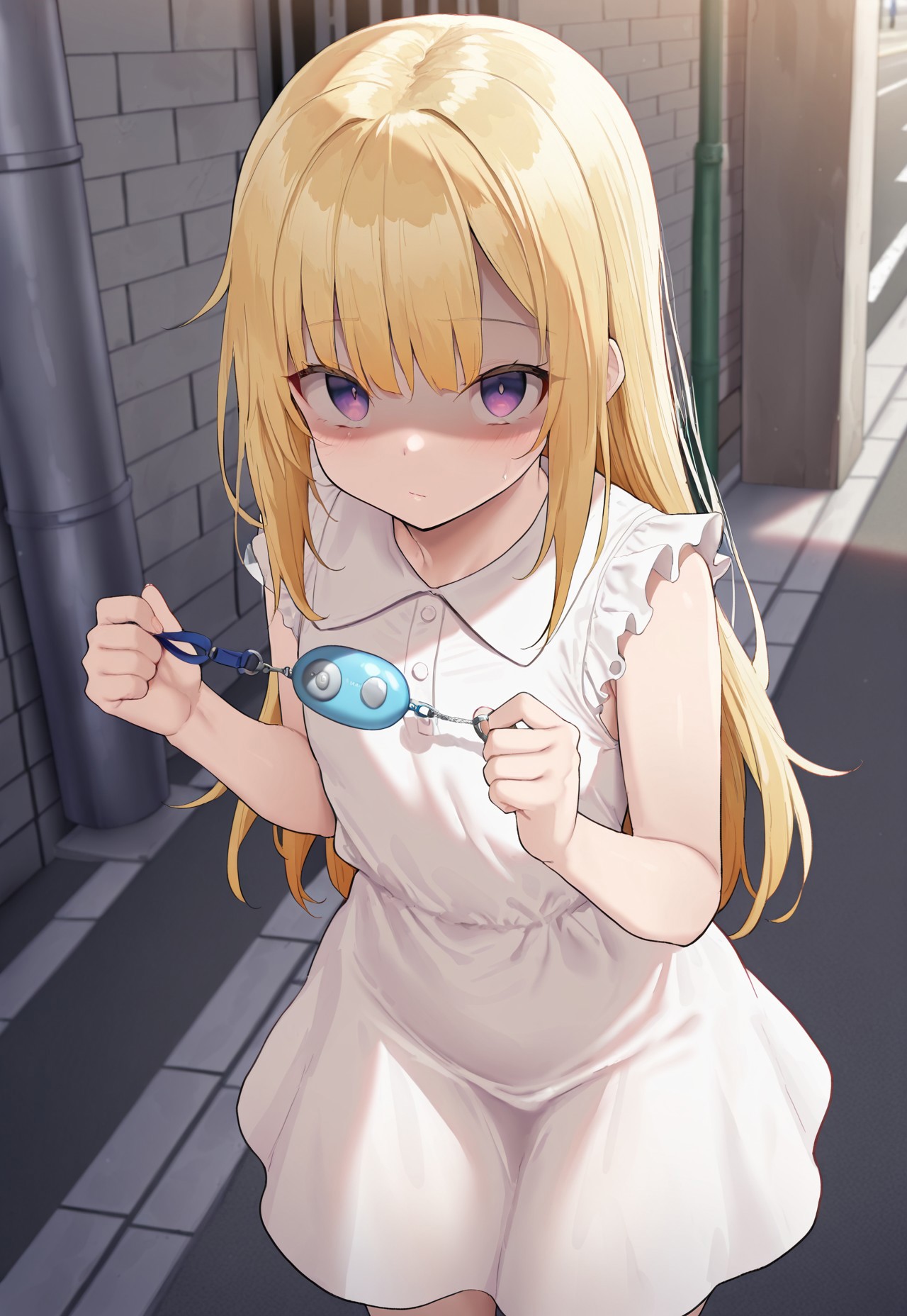 masterpiece,best quality,amazing quality,absurdres,very aesthetic,1girl,yukippt,blonde hair,long hair,hair down,purple eyes,aged down,solo,dress,sleeveless dress,white dress,holding crime prevention buzzer,crime_prevention_buzzer_threat,outdoors,street,depth of field,looking at viewer,shaded face