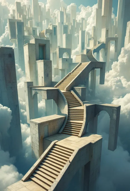 A maze of twisting, endless staircases that defy gravity, leading to floating doors in the sky.