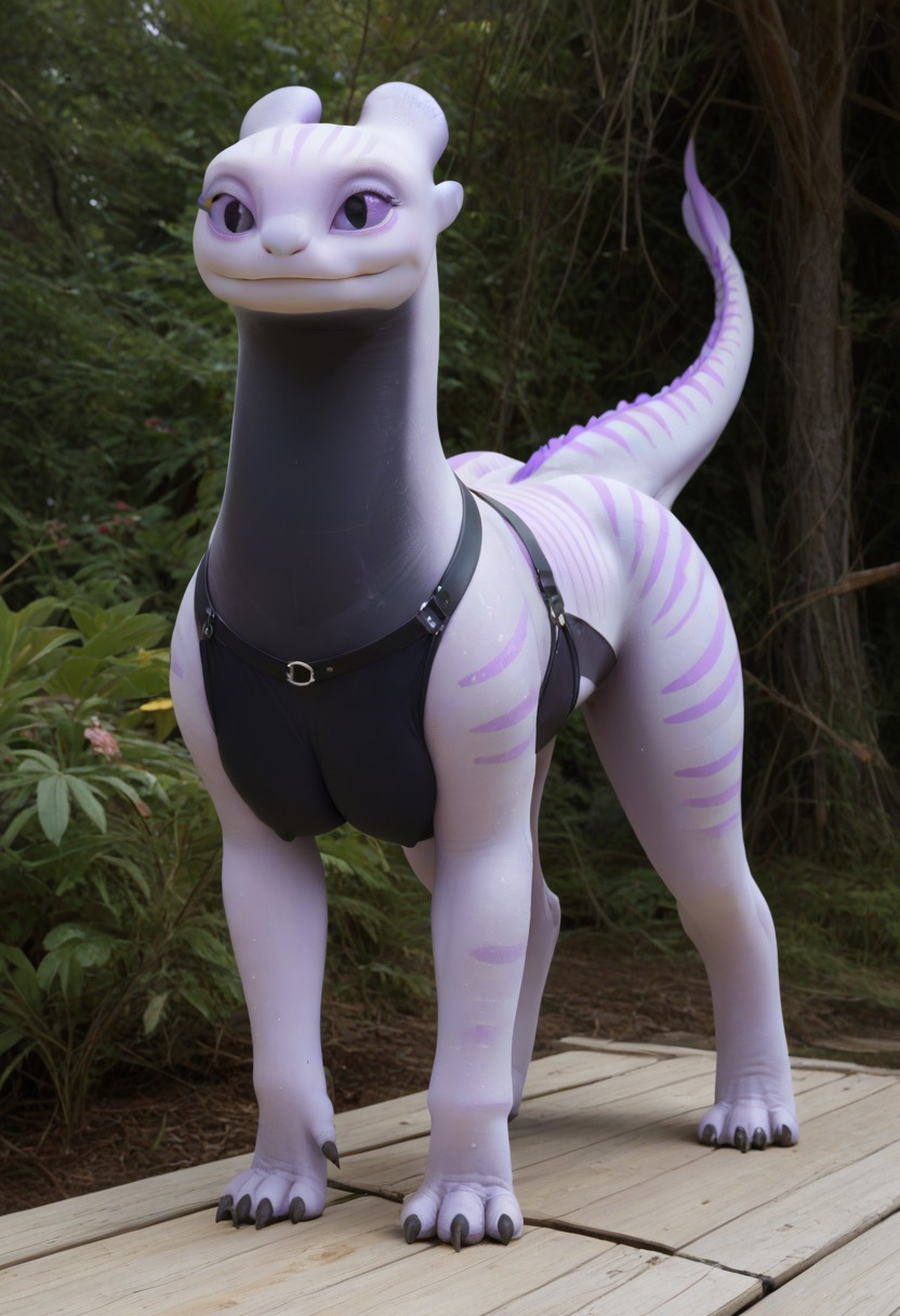 score_9, score_8_up, score_7_up, 1girl, solo, light_fury, elongated (((feral))) body, feral, decorated body, short thick tail, glowing blue backside, smile, thick thighs, black paws, puffy paws, thick sexy body, (((light gradient purple stripes))), BREAK, glittery body, aquatic light purple body, blueish purple two toned skin, soft body, thick body, (busty boobs, black areolaes, hyper puffy nipple indentations, black bra, thin tight bra:1.5), big tits, feral chest boobs, spherical breasts, mega tits, large rear, black feral garter straps, harness, black jaw muzzle, thick ass, thick legs, thick plump body, voluptuous feral figure, big thick booty, wood patio, standing,
BREAK
(((Mega enchanted jungle that shrouded the sun with futuristic flora and plant life waterfall.))), beautifully constructed wooden modern home, outdoors,