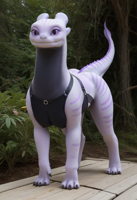 score_9, score_8_up, score_7_up, 1girl, solo, light_fury, elongated (((feral))) body, feral, decorated body, short thick tail, glowing blue backside, smile, thick thighs, black paws, puffy paws, thick sexy body, (((light gradient purple stripes))), BREAK, glittery body, aquatic light purple body, blueish purple two toned skin, soft body, thick body, (busty boobs, black areolaes, hyper puffy nipple indentations, black bra, thin tight bra:1.5), big tits, feral chest boobs, spherical breasts, mega tits, large rear, black feral garter straps, harness, black jaw muzzle, thick ass, thick legs, thick plump body, voluptuous feral figure, big thick booty, wood patio, standing,
BREAK
(((Mega enchanted jungle that shrouded the sun with futuristic flora and plant life waterfall.))), beautifully constructed wooden modern home, outdoors,