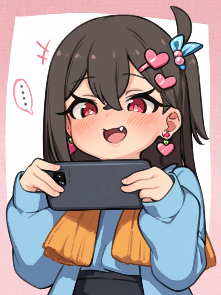 masterpiece, best quality, <lora:style578-a31-000020:1>,1girl, black shorts, solo, +++, shorts, hair ornament, blue shirt, phone, japanese text, white background, fang, holding, long sleeves, spoken ellipsis, shirt, smile, heart hair ornament, blush, :d, holding phone, ..., one side up, simple background, cellphone, bangs, red eyes, short shorts, earrings, jewelry, heart, puffy long sleeves, open mouth, puffy sleeves, hairclip, food-themed hair ornament, brown hair, looking at viewer, sleeves past wrists, hands up, black hair, hair between eyes