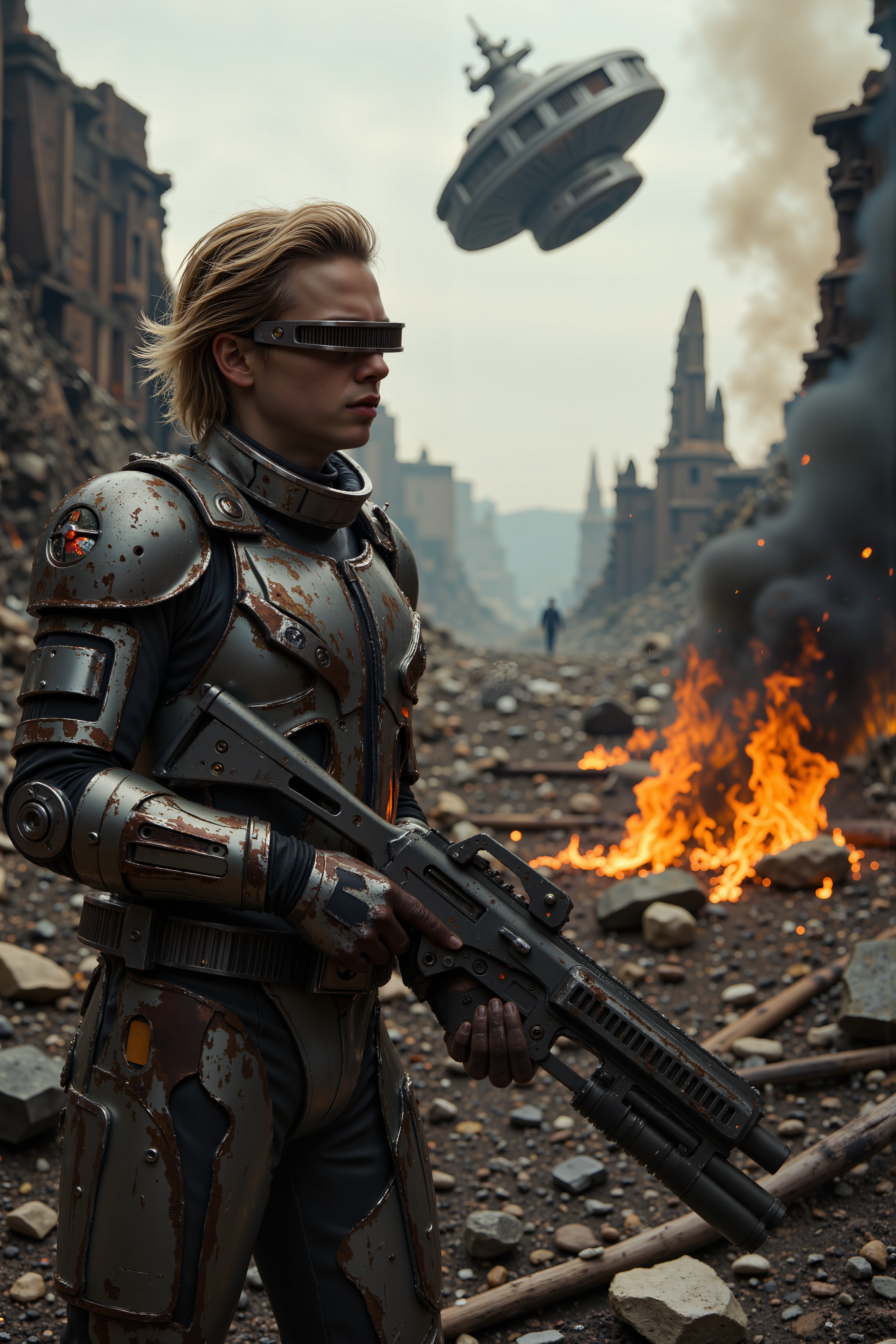 A closeup of a Lone Sci-Fi Soldier with blond hair wearing grdvsr visor Standing in the Wreckage of a Burning Starship.Amidst the twisted remains of a downed starship, a lone soldier stands, their battle-worn armor scorched and dented from the fight. Fires burn in the distance, casting flickering orange light across the metallic ruins, while embers drift through the air like dying stars. In their hand, they grip a plasma rifle, still humming faintly with residual energy. Above, the shattered remains of a massive space station drift in orbit, silhouetted against the cold, endless void. The soldier exhales, the weight of survival heavy on their shoulders, knowing that the war isnât over yet. , detailed background  Fantastic lighting. Detailed shadows.intricate details, vivid colors, hyper-detailed, ultra-sharp, , <lora:FluxMythR3alisticF:0.4><lora:midjourney_whisper_flux_lora_v01:0.4><lora:aidmaMJ6.1-FLUX-V0.1:0.4><lora:Movie_Portrait:0.4><lora:Flux DetailerV2:0.4> <lora:GRD_VISOR_FLUX>