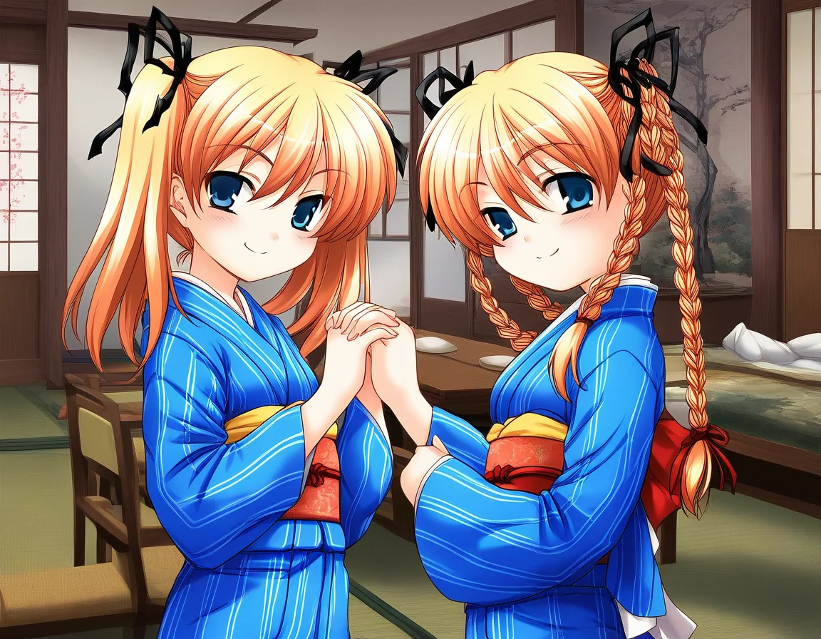 score_9, score_8_up, score_7_up, source_anime, rating_explicit, BREAK <lora:Itsukiï¼Imi_Ver2.0_XL:1>Itsukiï¼Imi, multiple girls, 2girls, japanese clothes, blue kimono, braid, siblings, twin braids, twintails, closed eyes, ribbon, yukata, long sleeves, blue kimono, sash, smile, obi, blush, own hands together
short stack,
looking at viewer,
cowboy_Shot,
room, chair, red carpetm