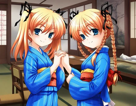 score_9, score_8_up, score_7_up, source_anime, rating_explicit, BREAK <lora:Itsukiï¼Imi_Ver2.0_XL:1>Itsukiï¼Imi, multiple girls, 2girls, japanese clothes, blue kimono, braid, siblings, twin braids, twintails, closed eyes, ribbon, yukata, long sleeves, blue kimono, sash, smile, obi, blush, own hands together
short stack,
looking at viewer,
cowboy_Shot,
room, chair, red carpetm