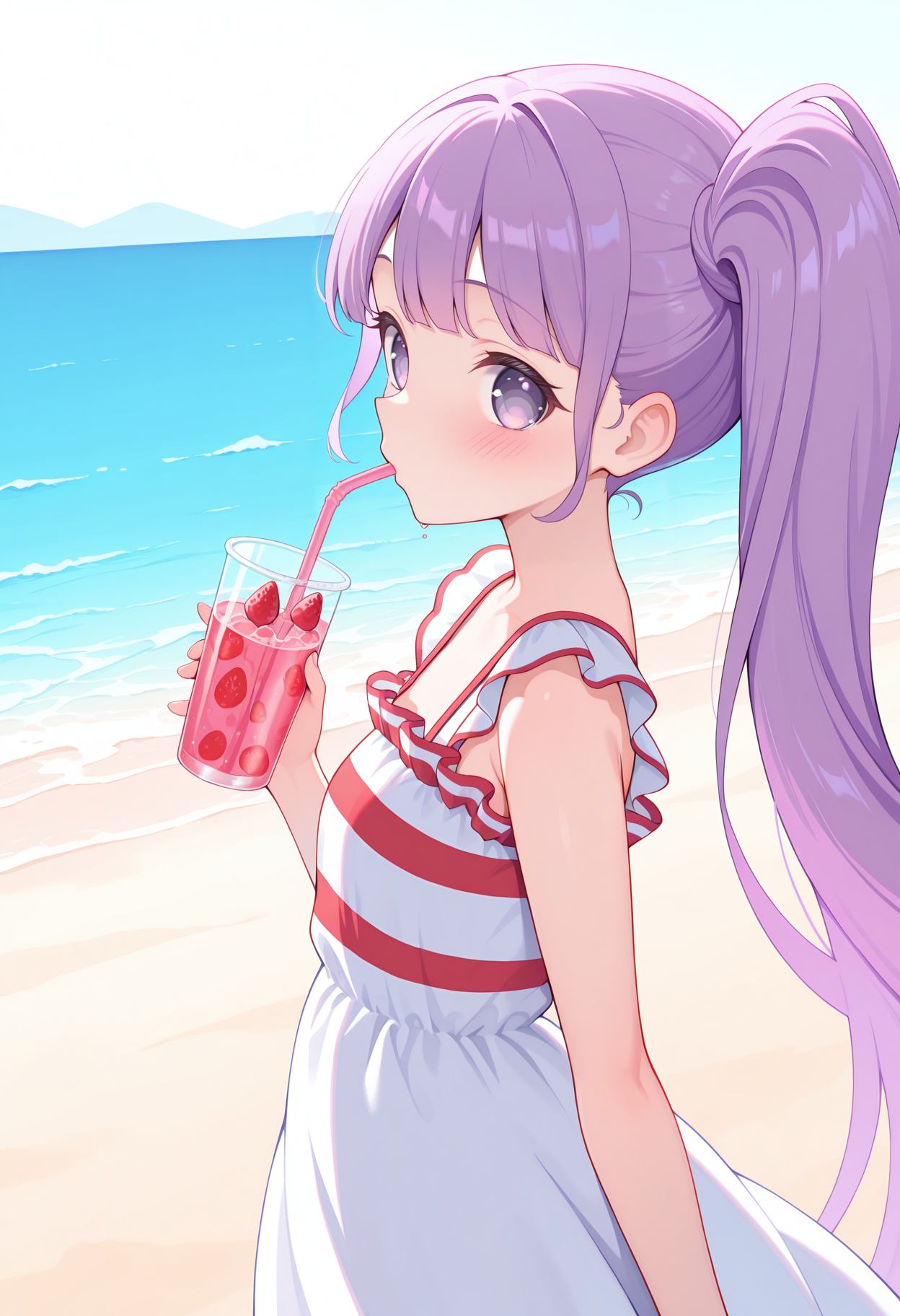highres, best quality, masterpiece, outdoors, beach,
1girl, solo, pparanon, purple hair, side ponytail, very long hair, purple eyes,
sundress, white dress, striped dress, red stripes, sleeveless dress, striped, frills,
looking at viewer, blush,
from side, drinking straw, strawberry juice, drinking,
<lora:_non_manaka-elesico-ilxl-13:1>