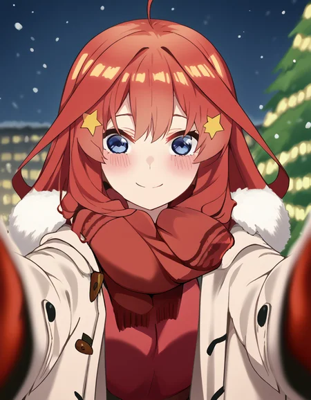 score_9, score_8_up, score_7_up, source_anime, <lora:itsuki-nakano-s2-ponyxl-lora-nochekaiser:1>, itsuki nakano, bangs, long hair, blue eyes, hair between eyes, ahoge, red hair, star (symbol), hair ornament, star hair ornament, large breasts, <lora:pov-cheek-warming-ponyxl-lora-nochekaiser:1>, pov cheek warming, pov cheek warming (meme), winter gloves, duffel coat, fur-trimmed scarf, winter clothes, red mittens, meme, winter coat, red scarf, fur-trimmed coat, reaching towards viewer, reaching, mittens, fur-trimmed hood, white coat, open coat, scarf, coat, red gloves, snowing, pov, fur trim, depth of field, smile, blush,, christmas, christmas tree, christmas lights,,