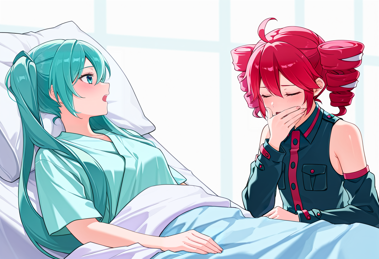 masterpiece, high quality, absurdres, 2girls,
BREAK
hatsune miku, open mouth, pillow, under covers, looking at another, hospital gown,
BREAK
kasane teto, collared shirt, sleeveless shirt, detached sleeves, sitting, covering own mouth, closed eyes,
<lora:please_stop_beatboxing-10:1>