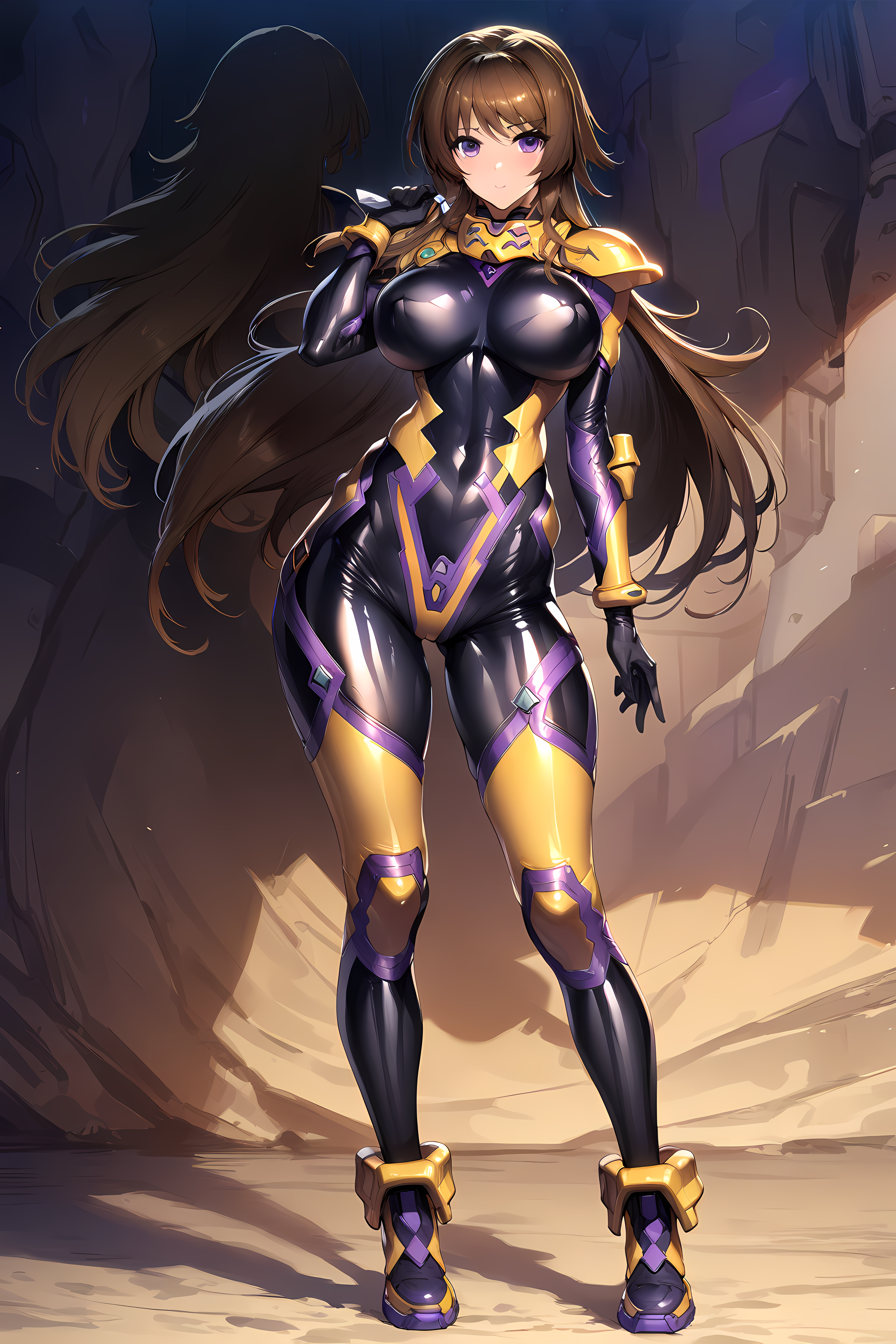 (masterpiece),(best quality),(ultra-detailed),(best illustration),(best shadow),(absurdres),(detailed background),(very aesthetic), takamura yui, 1girl, breasts, shiny, brown hair,purple eyes, standing, skin tight, bodysuit, long hair, pilotoutfit, full body, large breasts, <lora:Takamura_Yuiç¯_å¯ä¾_-_Muv_Luv_Dimensionsããã©ã´ãã£ã¡ã³ã·ã§ã³ãº_SDXL_Animagine_XL_3.1:1>