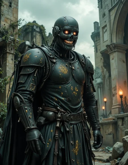 Dark Fantasy, ruined kingdom, skeletal guardian â A towering, armored figure stands motionless in the ruins of a forgotten castle, its body wrapped in tattered, regal fabrics embroidered with faded golden symbols. The corroded metal of its pauldrons and gauntlets is cracked and worn, yet its posture remains unnervingly poised. Its face is a polished, featureless mask, smooth as marble, but the mouth is disturbingly organic, revealing a perfectly aligned row of human teeth, ral-rbotth, glistening in the cold twilight. The remnants of a shattered throne loom in the background, overtaken by creeping vines, while distant torches flicker weakly against the coming storm.
<lora:ral-rbotth-flux:0.8> <lora:dark-fantasy-flux:1>