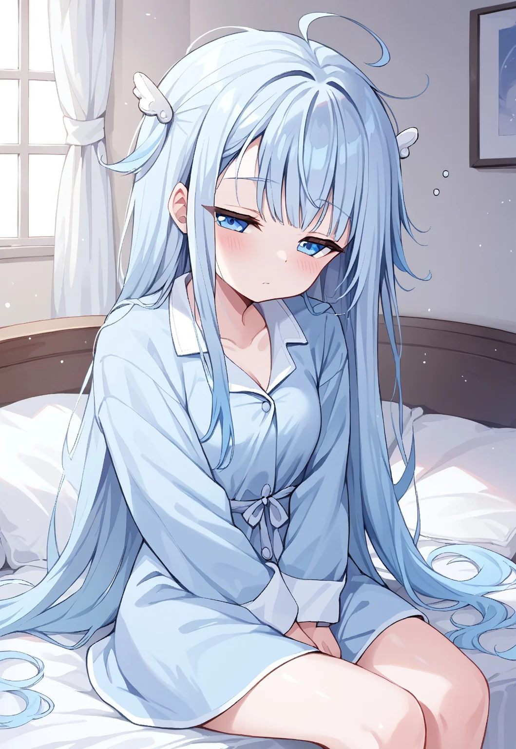 safe_pos, score_9, score_8_up, score_7_up, score_6_up, bedrooms, 1girl, amatsuka uto, ahoge, long hair, messy hair, blue hair, blue eyes, half-closed eyes,  sleepy, light blue pajamas, sitting, wariza, on bed