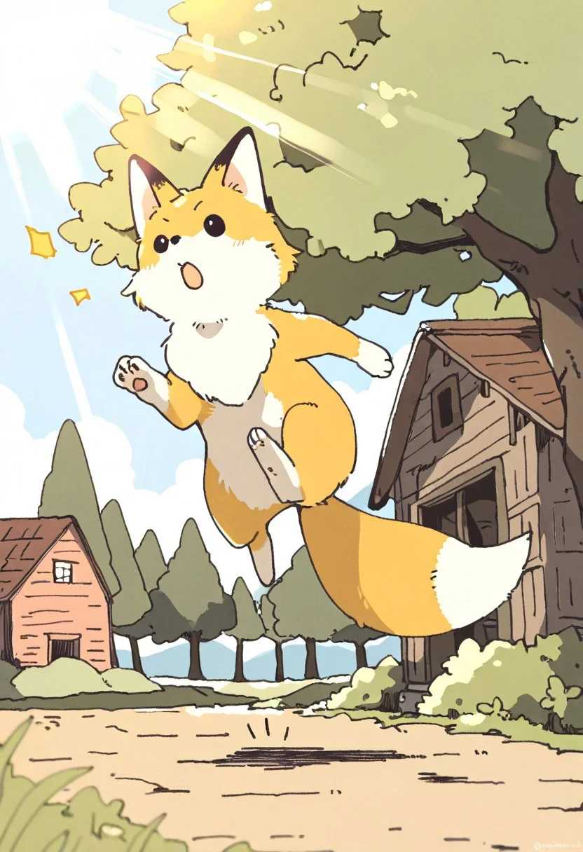 (masterpiece, best quality, high quality, highres), very awa, highres, absurdres,
chii-kun \(seedyoulater\), naguru \(cyoroama\), 
(fox:1.2), (no humans:1.1), paws, fur, (cute:1.2), comfy, solo, 
surprised, silly, OO,
running, jumping, barn, tree, day, sunlight, sun rays, beautiful background,