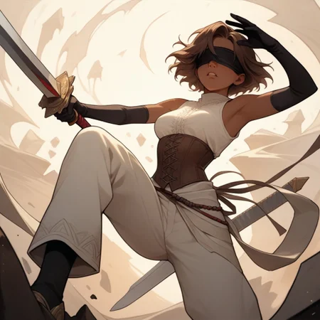 Score_9, Score_8_up, Score_7_up, (masterpiece), best quality, blindfolded, perfect face, perfect anatomy, anime girl, slim, medium breasts, hourglass shape, brown hair, short hair, dark skin and freckles, beautiful and trained bodysuit, white sleeveless shirt, brown corset that highlights her breasts and small waist, loose pants with openings on the sides, without shoes and with long black gloves that reach to her elbows, hippie aura
fighting perspective, with a sword in his hand, about to fight, hell
<lora:Concept_Masked_Lady:0.7>,