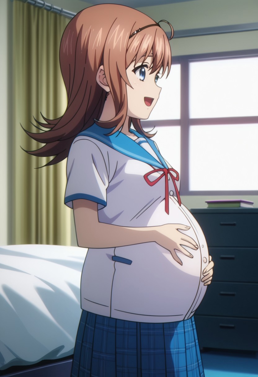 best quality, masterpiece, 4k, perfect lighting, very aesthetic, anime, anime coloring, official art, anime screencap,
OverallDetail, fFaceDetail, 
bedroom, happy, pregnant belly, hand on belly,
Yume, brown hair, school uniform, white shirt,
<lora:Pregnant Bump:1>