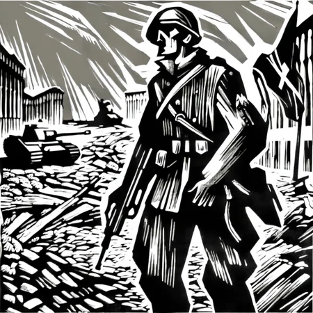 drawix7 soldier with flag on the battlefield, destroyed buildings and tanks in the background<lora:drawix7:1>