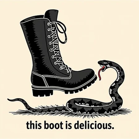 in the style of snek, a black army boot in the air poised to step on a coiled snake, which is reaching towards it, licking the sole with its tongue, with the text "this boot is delicious" underneath