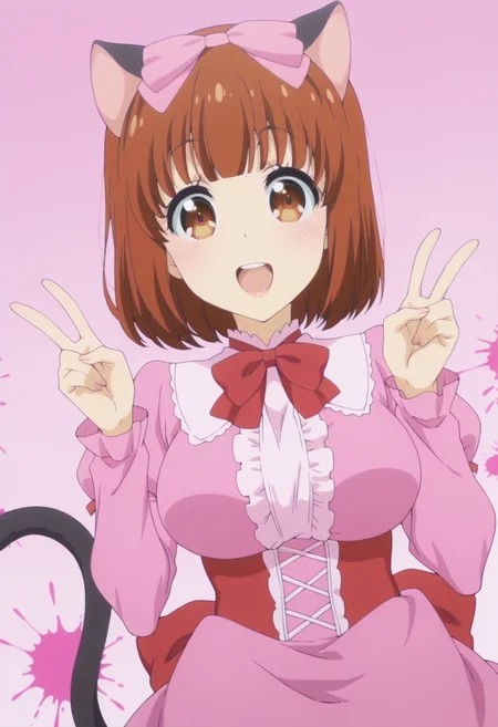 anime screencap, anime coloring,  <lora:DX888Yui:1> nekohime, brown eyes, brown hair, bob cut, blunt bangs, cat ears, cat tail BREAK hair bow, bowtie, pink dress, juliet sleeves,  BREAK simple background, pink background,  splatter background, BREAK     1girl, cowboy shot, double v, hands up, happy, looking at viewer,  open mouth, solo, teeth, upper teeth only, v,  upper body, from from below, dutch angle,