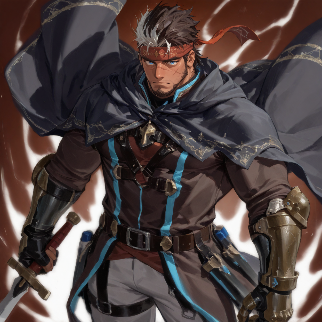 <lora:Bard__Alchemist_Code-000006:.7> tagatamebard, 1boy, two-tone hair, medium hair, spiked hair, blue eyes, sanpaku, scar on cheek, headband, fingerless gloves, cloak, jacket, shirt, gauntlet, belt, pants,, holding sword
(very short hair, beard, bara, mature, facial hair, stubble, beard, full beard, sideburn, beard, a lot of beard, ), facial hair,male focus, muscular male, muscular male, bara, mature,  bara, mature, aixiwuganda_(20222192), very awa, masterpiece, best quality, absurdres, newest, perfect quality, detailed background, intricate details,
<lora:slider_Body Type_alpha1.0_rank4_noxattn_last:3><lora:style_Anime Summer Days 2 Style SDXL_LoRA_Pony Diffusion V6 XL:.6><lora:slider_cfg_scale_boost:.7><lora:Artist6p:.55>, Artist6p, Artist04p,<lora:slider_il_brightness_slider_d1:-1><lora:slider_il_contrast_slider_d1:-1><lora:slider_DarkSlider1.2_alpha1.0_rank16_full_300steps:-.6>