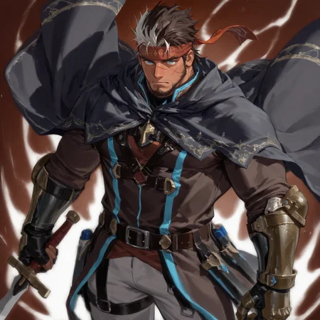 <lora:Bard__Alchemist_Code-000006:.7> tagatamebard, 1boy, two-tone hair, medium hair, spiked hair, blue eyes, sanpaku, scar on cheek, headband, fingerless gloves, cloak, jacket, shirt, gauntlet, belt, pants,, holding sword
(very short hair, beard, bara, mature, facial hair, stubble, beard, full beard, sideburn, beard, a lot of beard, ), facial hair,male focus, muscular male, muscular male, bara, mature,  bara, mature, aixiwuganda_(20222192), very awa, masterpiece, best quality, absurdres, newest, perfect quality, detailed background, intricate details,
<lora:slider_Body Type_alpha1.0_rank4_noxattn_last:3><lora:style_Anime Summer Days 2 Style SDXL_LoRA_Pony Diffusion V6 XL:.6><lora:slider_cfg_scale_boost:.7><lora:Artist6p:.55>, Artist6p, Artist04p,<lora:slider_il_brightness_slider_d1:-1><lora:slider_il_contrast_slider_d1:-1><lora:slider_DarkSlider1.2_alpha1.0_rank16_full_300steps:-.6>