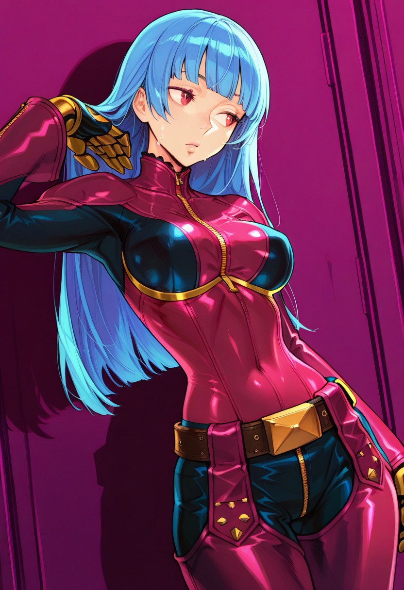 masterpiece, best quality, very aesthetic, absurdres, 
1girl, cowboy_shot, solo, vanillaware, 
breasts, revealing clothes, cowboy shot, (masterpiece),(best quality),(ultra-detailed),(best illustration),(best shadow),(absurdres),(detailed background),(very aesthetic)
,
NishimuraXL,
,wet,sweat drop, kula diamond, 1girl, solo, long hair, blue hair, gloves, breasts, zipper, red eyes, bangs, chaps, red lavender bodysuit,  gloves, gold gloves,  mechanical gloves,belt, covered navel