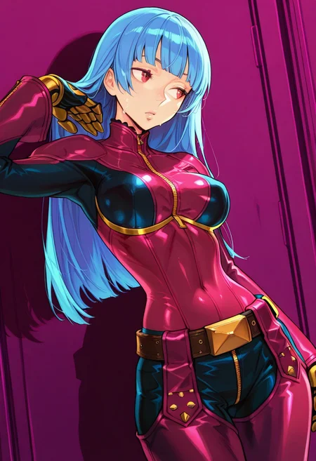 masterpiece, best quality, very aesthetic, absurdres,
1girl, cowboy_shot, solo, vanillaware,
breasts, revealing clothes, cowboy shot, (masterpiece),(best quality),(ultra-detailed),(best illustration),(best shadow),(absurdres),(detailed background),(very aesthetic)
,
NishimuraXL,
,wet,sweat drop, kula diamond, 1girl, solo, long hair, blue hair, gloves, breasts, zipper, red eyes, bangs, chaps, red lavender bodysuit, gloves, gold gloves, mechanical gloves,belt, covered navel