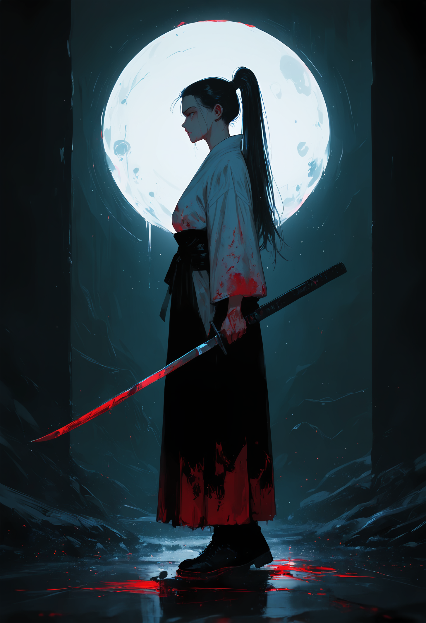 masterpiece, best quality, good quality, very awa, very aesthetic, absurdres, newest, 1girl, solo, long_hair, black_hair, holding, standing, full_body, ponytail, weapon, boots, japanese_clothes, sword, holding_weapon, from_side, profile, blood, holding_sword, single_hair_bun, katana, hair_pulled_back, blood_splatter