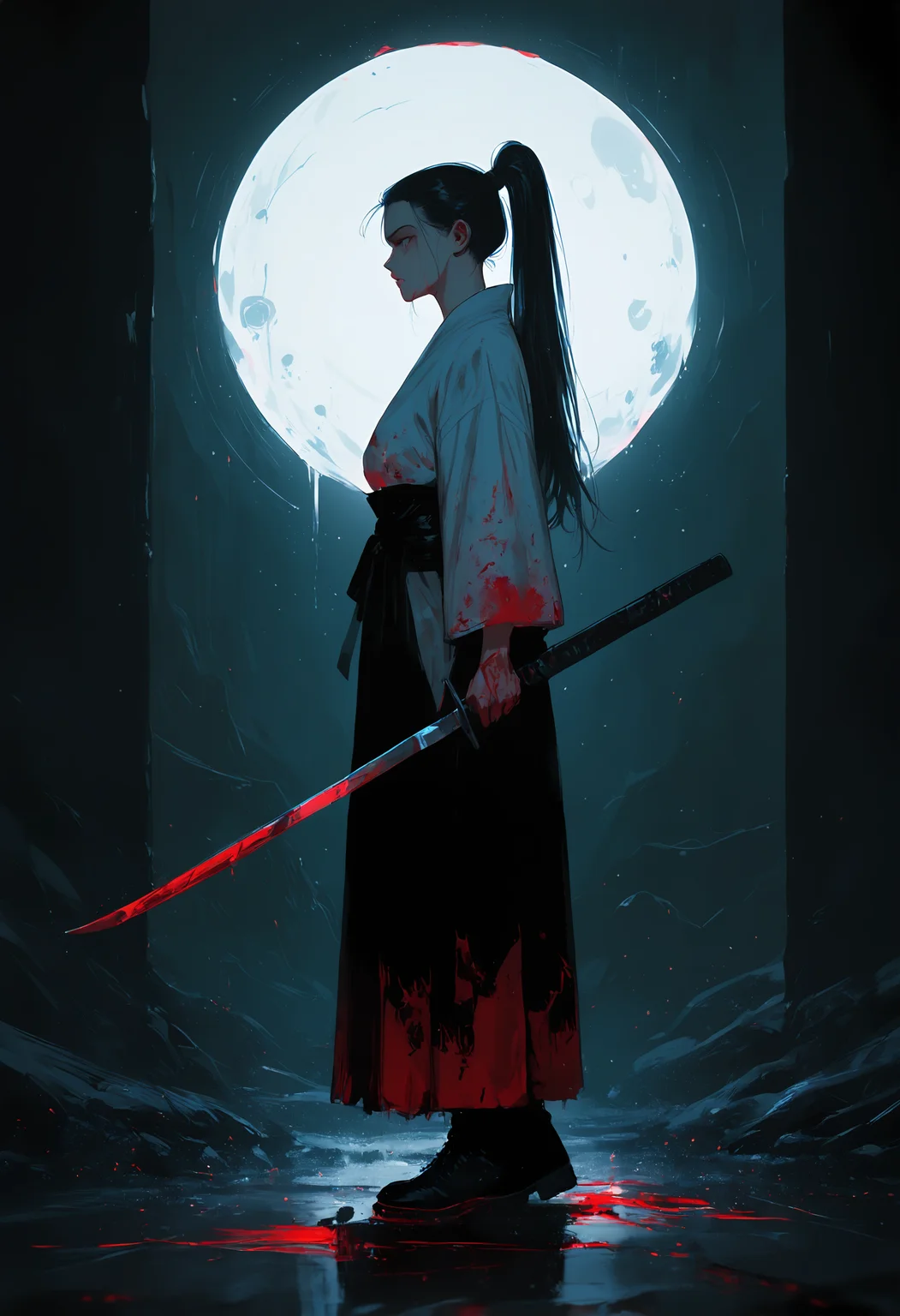 masterpiece, best quality, good quality, very awa, very aesthetic, absurdres, newest, 1girl, solo, long_hair, black_hair, holding, standing, full_body, ponytail, weapon, boots, japanese_clothes, sword, holding_weapon, from_side, profile, blood, holding_sword, single_hair_bun, katana, hair_pulled_back, blood_splatter