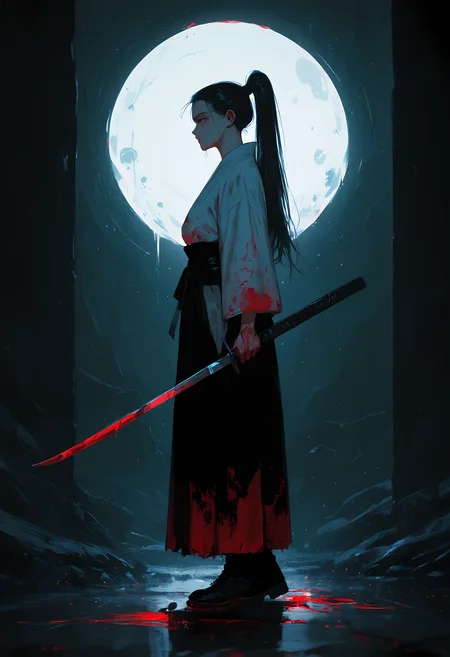 masterpiece, best quality, good quality, very awa, very aesthetic, absurdres, newest, 1girl, solo, long_hair, black_hair, holding, standing, full_body, ponytail, weapon, boots, japanese_clothes, sword, holding_weapon, from_side, profile, blood, holding_sword, single_hair_bun, katana, hair_pulled_back, blood_splatter