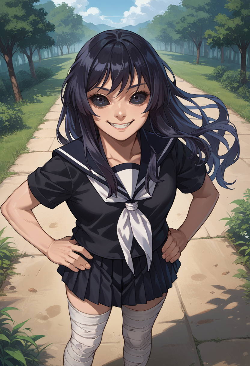 score_9, score_8_up, source_anime, 1girl, solo, KureKarura, black sclera, long hair, black serafuku, white neckerchief, black skirt, bandaged leg, smile, outdoors, hands on hips, from above, smile, <lora:ChamKureKaruraPonyXL:1>