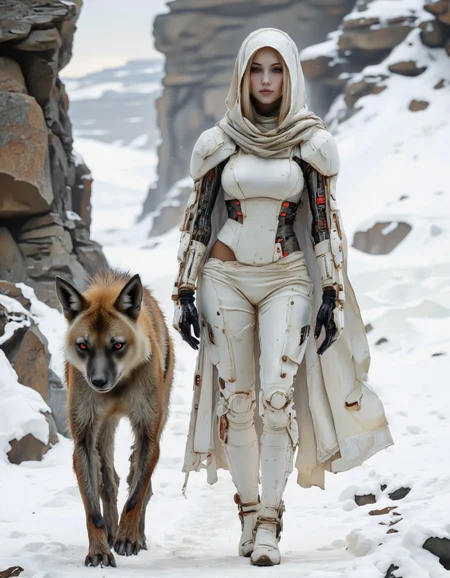 SentinelBot. This is a high-resolution CGI illustration depicting a futuristic, snowy landscape. The central figure is a female humanoid with a pale, almost translucent complexion and long, straight, platinum blonde hair that cascades from beneath a hooded cloak. She wears a form-fitting, white, high-tech exoskeleton suit with sleek, armored segments that cover her entire body, including her face. The suit has visible circuitry and red LED lights embedded on the chest and left arm, suggesting advanced technology. Her outfit includes gloves and boots that appear sturdy and functional.
To her left, a large, anthropomorphic hyena-like creature with a brownish-red coat, black eyes, and a muscular build is walking alongside her. The creature's fur is thick and textured, adding a contrast to the smooth, metallic texture of her suit.
The background showcases a snow-covered terrain with jagged, rocky formations in the distance, creating a stark, cold, and desolate environment. The snow is pristine and undisturbed, except for the footprints of the two figures. The overall color palette is dominated by white and shades of grey, with the occasional red highlights on the woman's suit and the creature's eyes. The lighting is soft and diffused, adding to the cold, otherworldly <lora:The_Vanguard:1.25>
