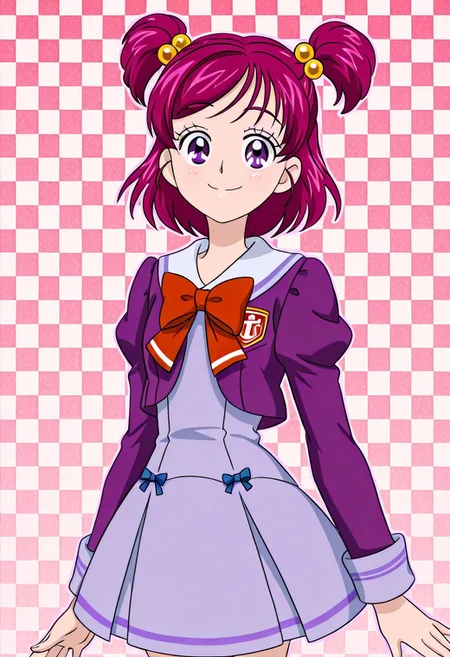 zPDXLx, mur4k4mi-ip,anime screencap, anime art style,, yes precure 5, yumehara nozomi, 1girl, solo, school uniform, two side up, purple skirt, pink hair, checkered background, purple eyes, skirt, short hair, eyelashes, smile, hair bobbles, hair ornament, bow